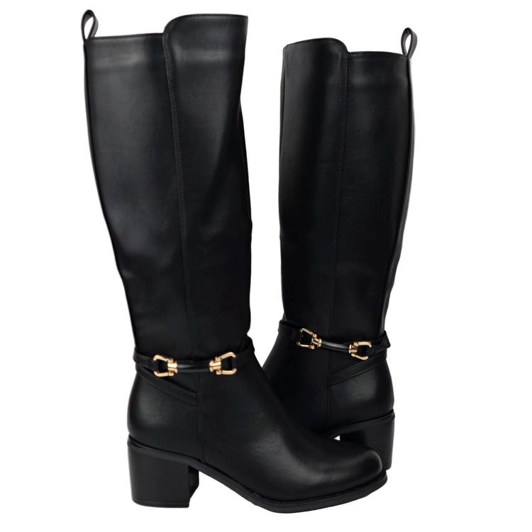 Pasarela concept women's high heel boots black color casual boot leather effect slouchy equestrian stirrup gold double elastic twin wide