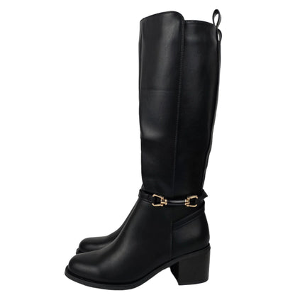 Pasarela concept women's high heel boots black color casual boot leather effect slouchy equestrian stirrup gold double elastic twin wide