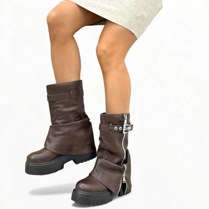 Kendall romanciaga platform women's boots y2k style with side and interior zipper, autumn winter fashion trend, buckle adjustment,