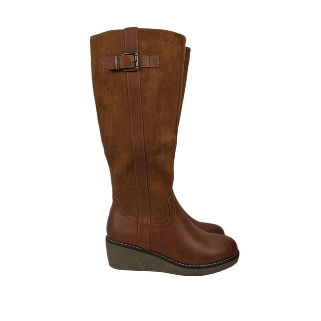 Pasarela concept women's high wedge boots camel color combined casual boot microfiber suede side buckle zipper lining hair comfort