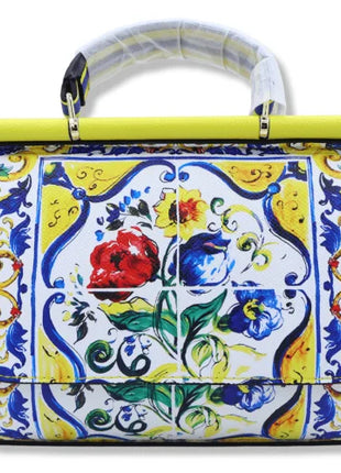 Borsa a tracolla con manico, decorata con Maioliche siciliane e fiori su sfondo giallo, disponibile in 2 misure.