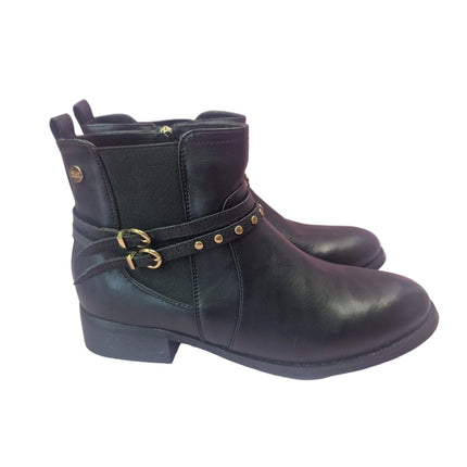 Xti women's chelsea boots black color casual biker boot gold studs buckle leather insole leopard lining zipper runway concept