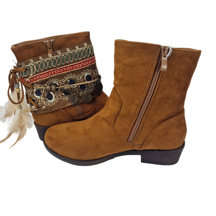 Pasarela concept women's country boots boho style 2 in 1 removable ethnic ribbon casual boot lined zipper non-slip rubber sole