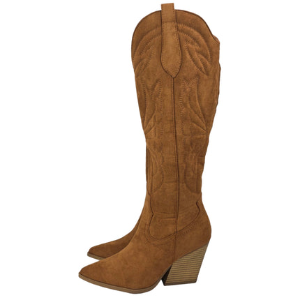 Women's high cowboy boot camel color country boots heel 8.5 cm embroidered wings suede side zipper western style runway concept