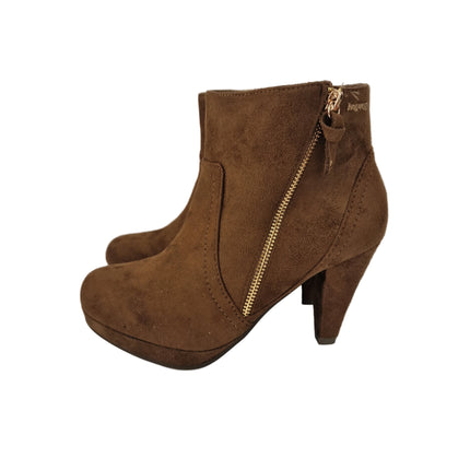 Xti hoyvoy women's high heel ankle boots camel color casual boot suede diagonal zipper cone heel 8.5 cm platform comfort leather insole