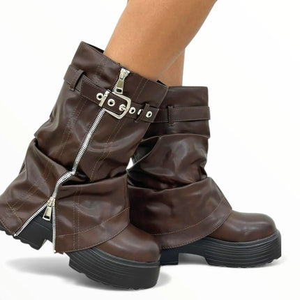 Kendall romanciaga platform women's boots y2k style with side and interior zipper, autumn winter fashion trend, buckle adjustment,