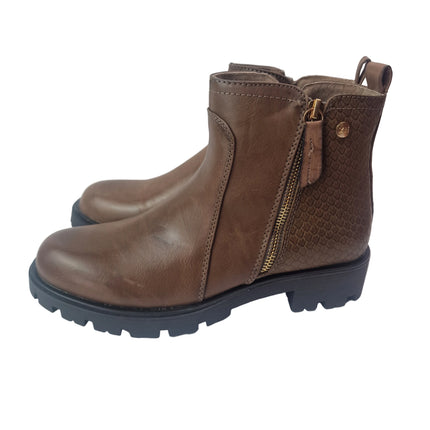 Xti track ankle boots women color brown casual military boot serrated sole microfiber snake engraving fur lining zipper comfort pasarela concept