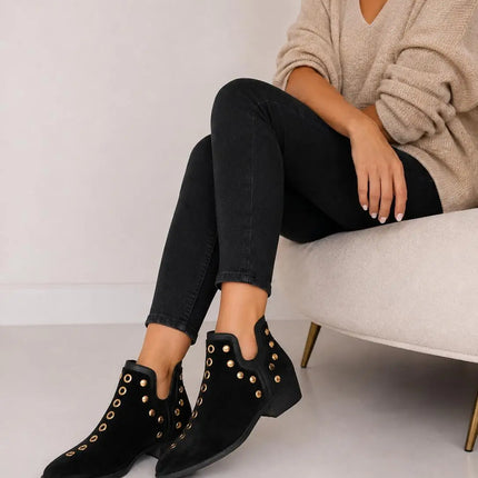 Black suede ankle boots for women with gold studs, low heel, fine toe and side zipper