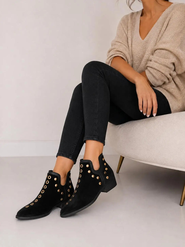 Black suede ankle boots for women with gold studs, low heel, fine toe and side zipper