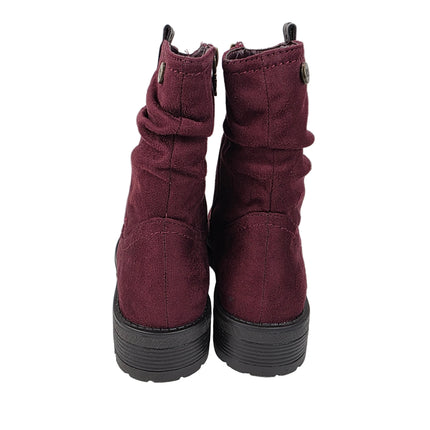 Xti women's mid-calf boots burgundy color casual boot suede slouchy style wrinkled sole track warm lining comfort leather insole