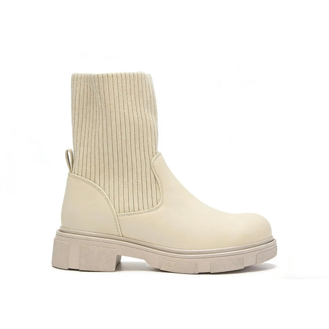 Beige ankle boot with elastic shaft and thick sole for women - lantian