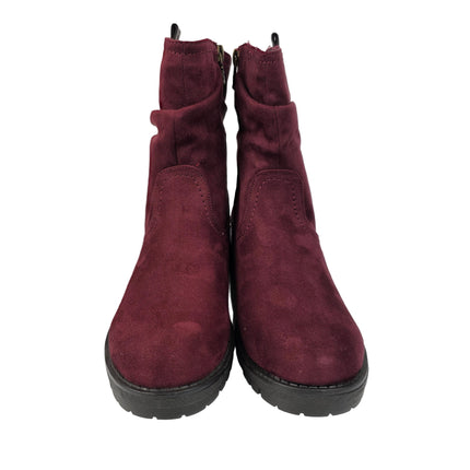 Xti women's mid-calf boots burgundy color casual boot suede slouchy style wrinkled sole track warm lining comfort leather insole