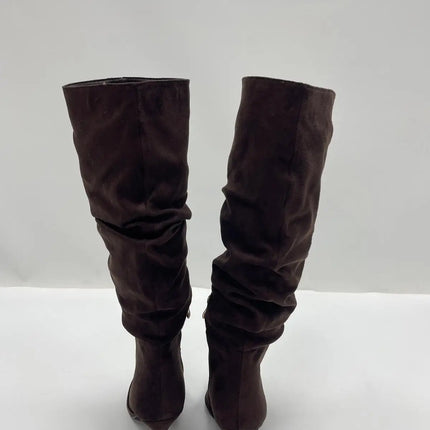 Women's brown suede stiletto heel high boots, elegant and sophisticated, modern wrinkled style-j6186