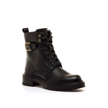 Mtng - casi military ankle boots for women in biker style with lace closure, metal buckle and interior zipper, medium shaft and back pull, black color, peta certified vegan