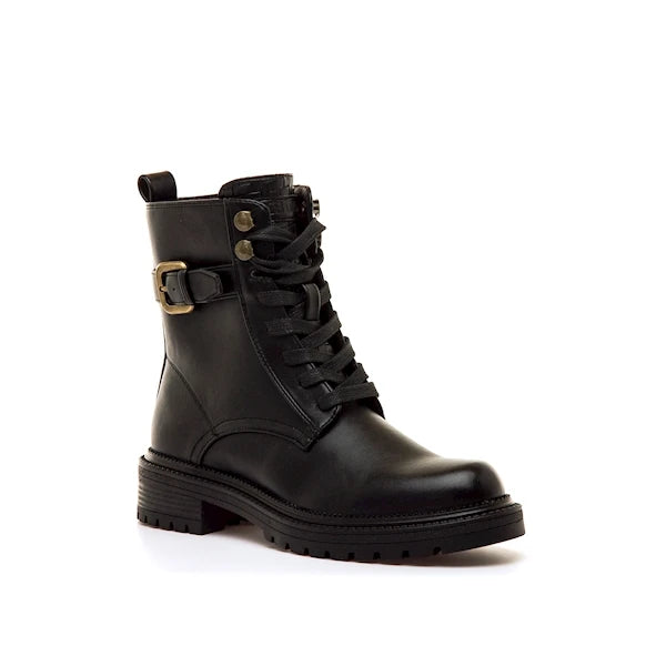 Mtng - casi military ankle boots for women in biker style with lace closure, metal buckle and interior zipper, medium shaft and back pull, black color, peta certified vegan