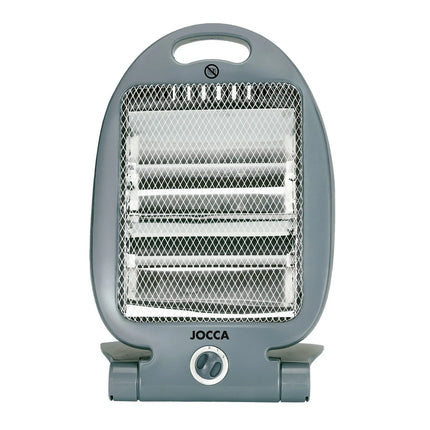Halogen electric heater Jocca with quartz bars, ideal for small rooms like offices, bathrooms, or kitchens; 800W power, compact, foldable design, and includes safety features like a tip-over switch and a safety grid.