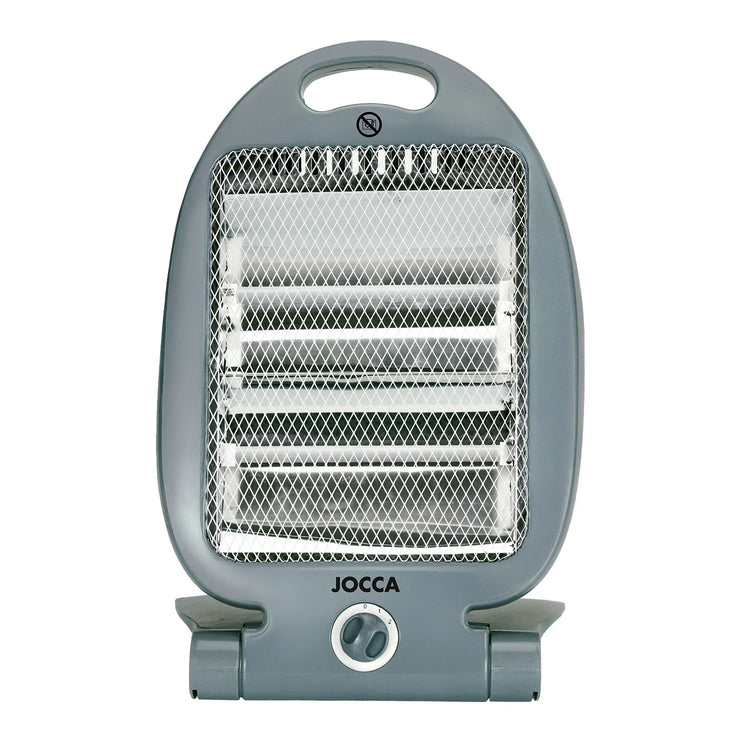 Halogen electric heater Jocca with quartz bars, ideal for small rooms like offices, bathrooms, or kitchens; 800W power, compact, foldable design, and includes safety features like a tip-over switch and a safety grid.