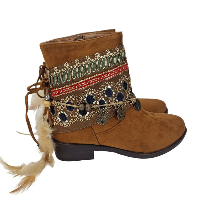 Pasarela concept women's country boots boho style 2 in 1 removable ethnic ribbon casual boot lined zipper non-slip rubber sole