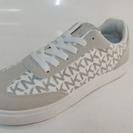 Stylish Comfortable Platform Sneakers for Women, made of synthetic material in white and light gray with a chic KMK monogram, perfect for casual wear and versatile enough to pair with jeans or dresses.