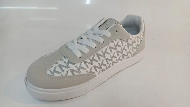 Stylish Comfortable Platform Sneakers for Women, made of synthetic material in white and light gray with a chic KMK monogram, perfect for casual wear and versatile enough to pair with jeans or dresses.
