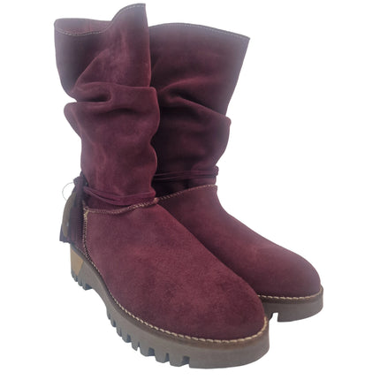 Top 3 women's mid-calf boots burgundy color casual boot suede leather made in spain slouchy style wrinkled tassels track 5 cm without zipper