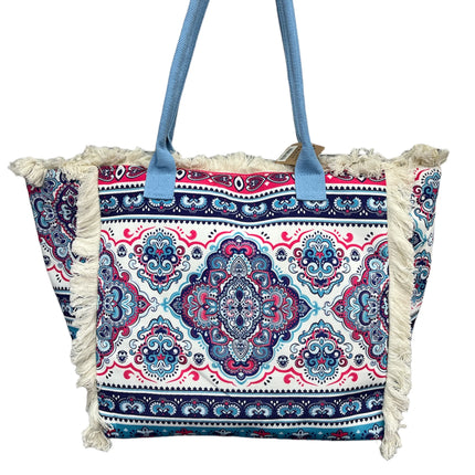 MIGLIORATA Borsa grande da spiaggia o piscina con stampe originali e frange di nappine in cotone bianco, dimensioni 55*37*19 cm. Dotata di tasche interne e fodera. Tessuto 100% poliestere.