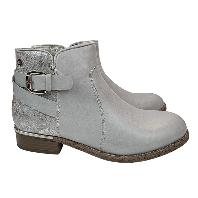 Xti women's gray silver spring ankle boots - synthetic leather boots with buckle and engraved metallic heel - chic style