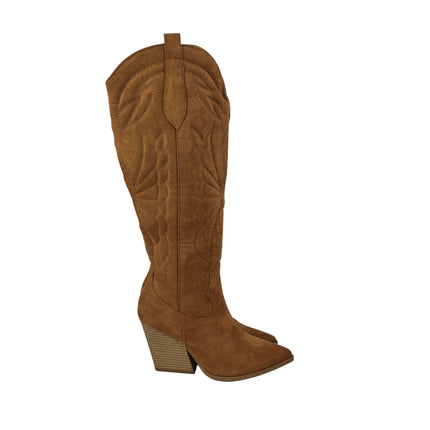 Women's high cowboy boot camel color country boots heel 8.5 cm embroidered wings suede side zipper western style runway concept