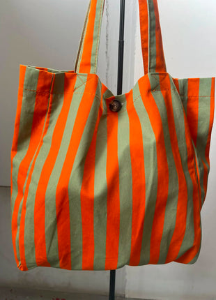Borsa Estiva da Donna con Strisce Arancioni e Verdi | Grande Borsa in Tessuto per Spiaggia, Shopping e Uso Quotidiano