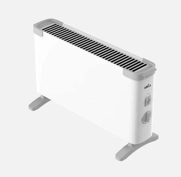 ABRILA Electric Convector Heater 2000W in White with Adjustable Thermostat, Overheat Protection, and Carry Handle, dimensions 32x54x20 cm, suitable for quick and efficient heating in any room.