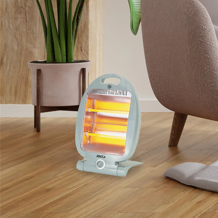 Halogen electric heater Jocca with quartz bars, ideal for small rooms like offices, bathrooms, or kitchens; 800W power, compact, foldable design, and includes safety features like a tip-over switch and a safety grid.