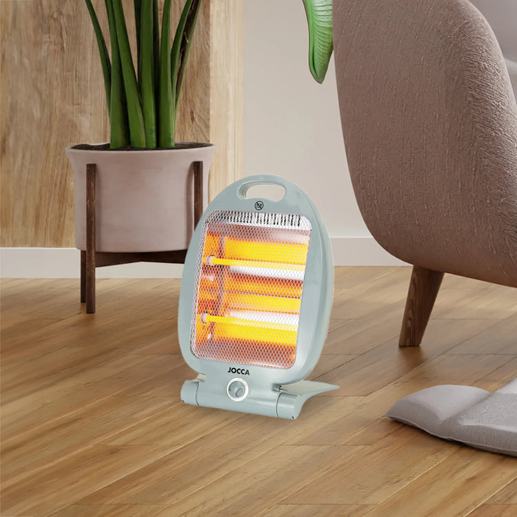 Halogen electric heater Jocca with quartz bars, ideal for small rooms like offices, bathrooms, or kitchens; 800W power, compact, foldable design, and includes safety features like a tip-over switch and a safety grid.