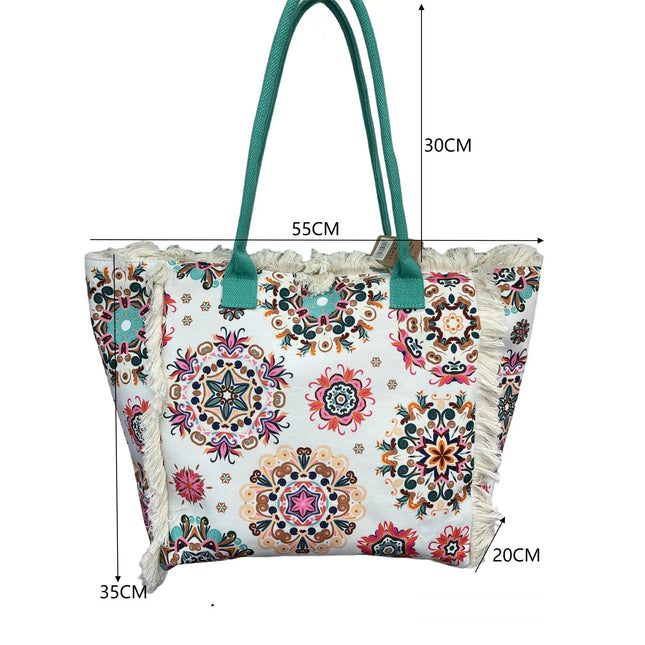 MEJORADA Borsa tote grande - Borsa da spiaggia con frange, stile bohémien e colorato, dimensioni 55x35x20 cm, ideale per la spiaggia, lo shopping e l'uso quotidiano