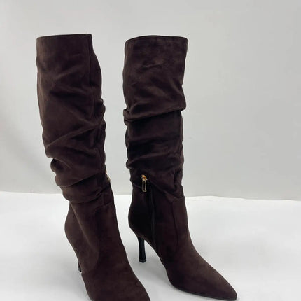 Women's brown suede stiletto heel high boots, elegant and sophisticated, modern wrinkled style-j6186
