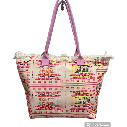 MIGLIORATA Borsa grande da spiaggia o piscina con stampe originali e frange di nappine in cotone bianco, dimensioni 55*37*19 cm. Dotata di tasche interne e fodera. Tessuto 100% poliestere.