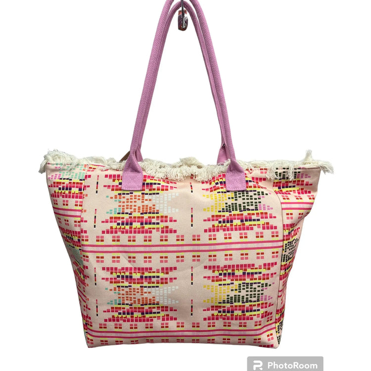 MIGLIORATA Borsa grande da spiaggia o piscina con stampe originali e frange di nappine in cotone bianco, dimensioni 55*37*19 cm. Dotata di tasche interne e fodera. Tessuto 100% poliestere.
