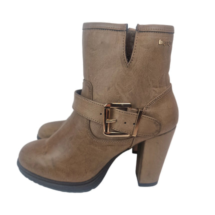 Xti hoyvoy women's high heel ankle boots taupe color casual ankle boot vegan aged synthetic leather golden buckle platform track heel 9.5 cm comfort