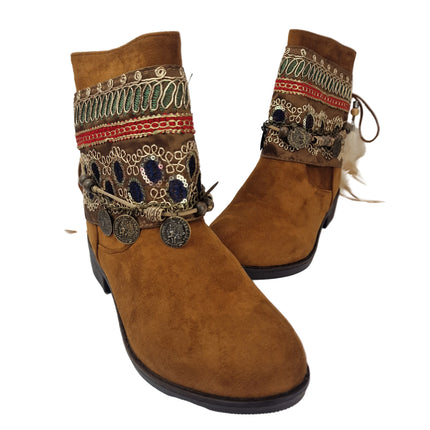 Pasarela concept women's country boots boho style 2 in 1 removable ethnic ribbon casual boot lined zipper non-slip rubber sole