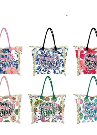 MIGLIORATA Borsa da spiaggia o da piscina grande con LEUCI stampe con la frase {HAN UN SMILE HOJE} con frange di cotone bianco, misura 55*37*19CM. contiene tasche interne e fodere. Tessuto 100% poliestere