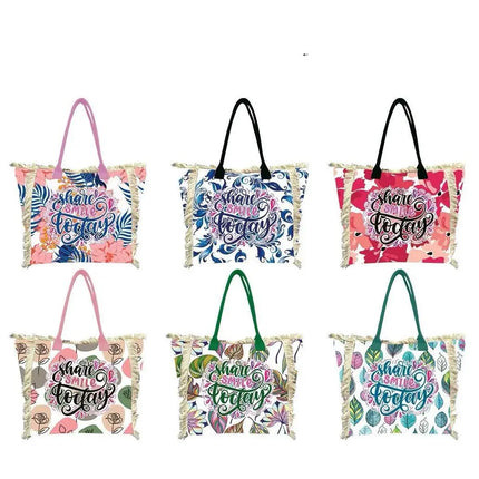 MIGLIORATA Borsa da spiaggia o da piscina grande con LEUCI stampe con la frase {HAN UN SMILE HOJE} con frange di cotone bianco, misura 55*37*19CM. contiene tasche interne e fodere. Tessuto 100% poliestere