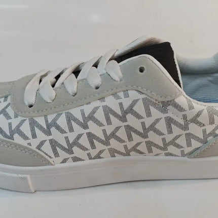 Stylish Comfortable Platform Sneakers for Women, made of synthetic material in white and light gray with a chic KMK monogram, perfect for casual wear and versatile enough to pair with jeans or dresses.