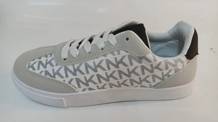Stylish Comfortable Platform Sneakers for Women, made of synthetic material in white and light gray with a chic KMK monogram, perfect for casual wear and versatile enough to pair with jeans or dresses.
