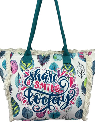 MIGLIORATA Borsa da spiaggia o da piscina grande con LEUCI stampe con la frase {HAN UN SMILE HOJE} con frange di cotone bianco, misura 55*37*19CM. contiene tasche interne e fodere. Tessuto 100% poliestere