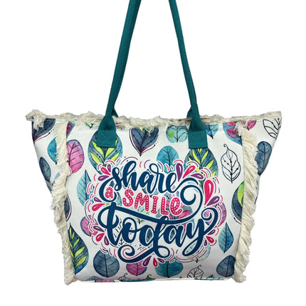 MIGLIORATA Borsa da spiaggia o da piscina grande con LEUCI stampe con la frase {HAN UN SMILE HOJE} con frange di cotone bianco, misura 55*37*19CM. contiene tasche interne e fodere. Tessuto 100% poliestere