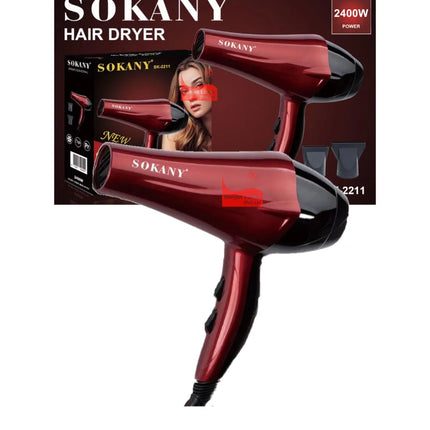 Professional Hair Dryer Sokany 2400W with Fast Drying, featuring 2 Speeds, 2 Temperatures, and 2 Concentrator Nozzles for Hair Care at Home or Salon Use.