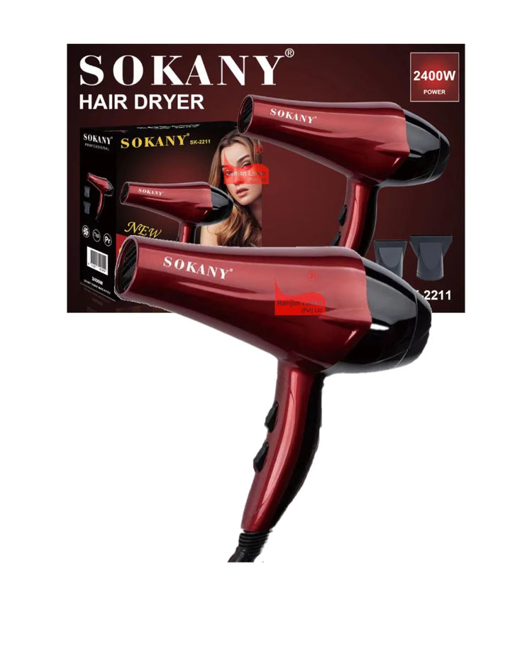 Professional Hair Dryer Sokany 2400W with Fast Drying, featuring 2 Speeds, 2 Temperatures, and 2 Concentrator Nozzles for Hair Care at Home or Salon Use.