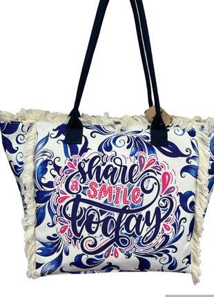 MIGLIORATA Borsa da spiaggia o da piscina grande con LEUCI stampe con la frase {HAN UN SMILE HOJE} con frange di cotone bianco, misura 55*37*19CM. contiene tasche interne e fodere. Tessuto 100% poliestere