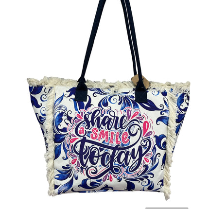 MIGLIORATA Borsa da spiaggia o da piscina grande con LEUCI stampe con la frase {HAN UN SMILE HOJE} con frange di cotone bianco, misura 55*37*19CM. contiene tasche interne e fodere. Tessuto 100% poliestere