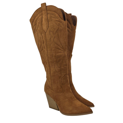 Women's high cowboy boot camel color country boots heel 8.5 cm embroidered wings suede side zipper western style runway concept