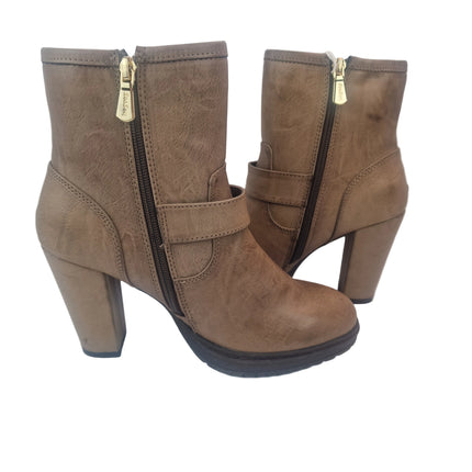 Xti hoyvoy women's high heel ankle boots taupe color casual ankle boot vegan aged synthetic leather golden buckle platform track heel 9.5 cm comfort